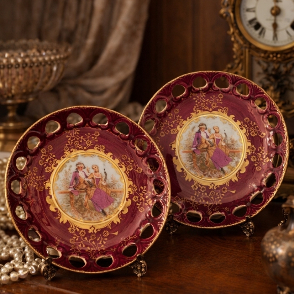 Ohashi China Golden Fantasy Courting Couple Burgundy Reticulated Plates Set of 2